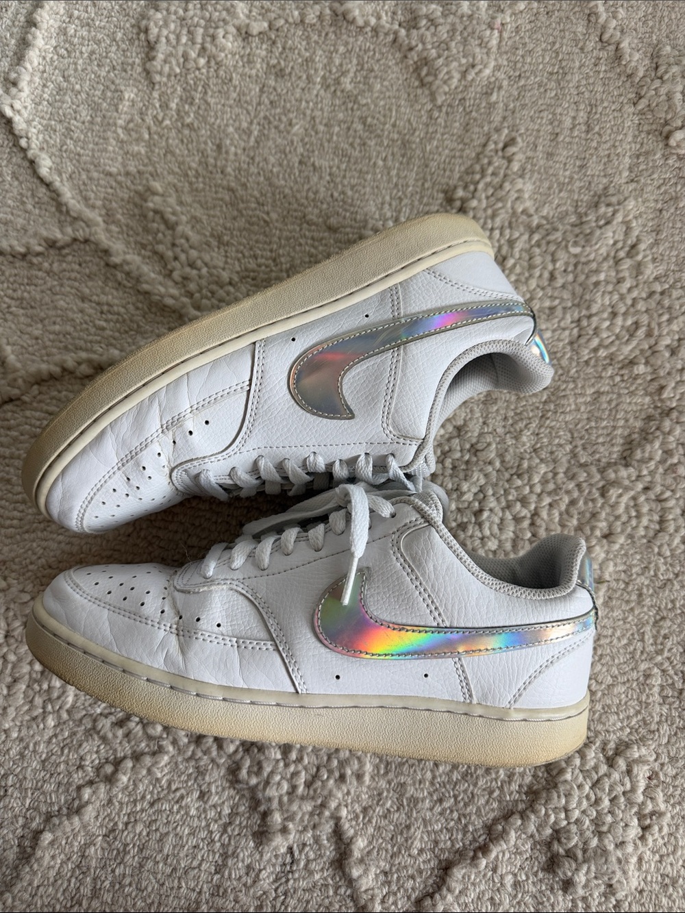Nike Kids White Sneakers with Iridescent Rainbow Swoosh